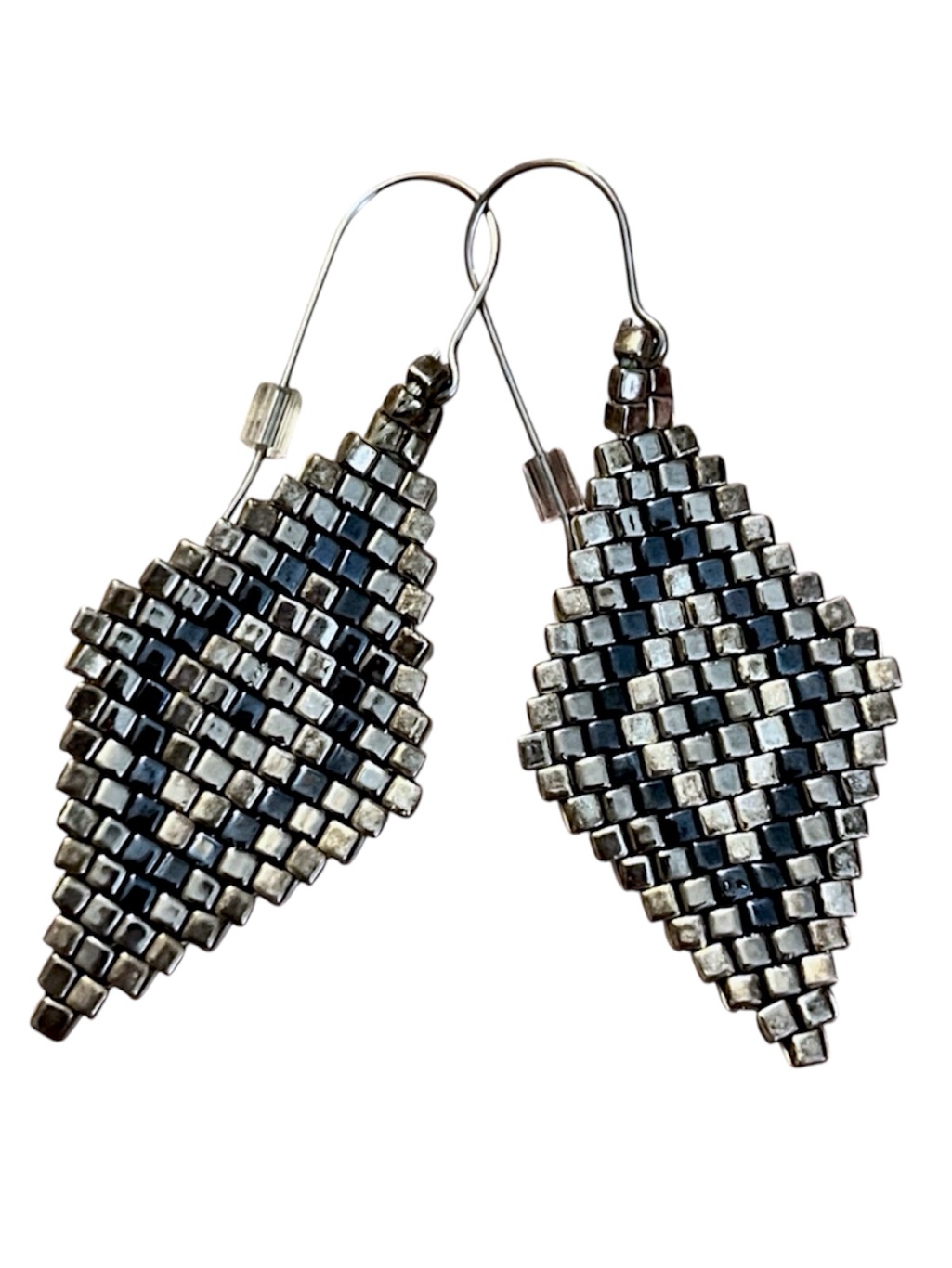 Handmade Miyuki Silver Hematite Diamond Drop Boho Beaded Earrings Surgical Steel